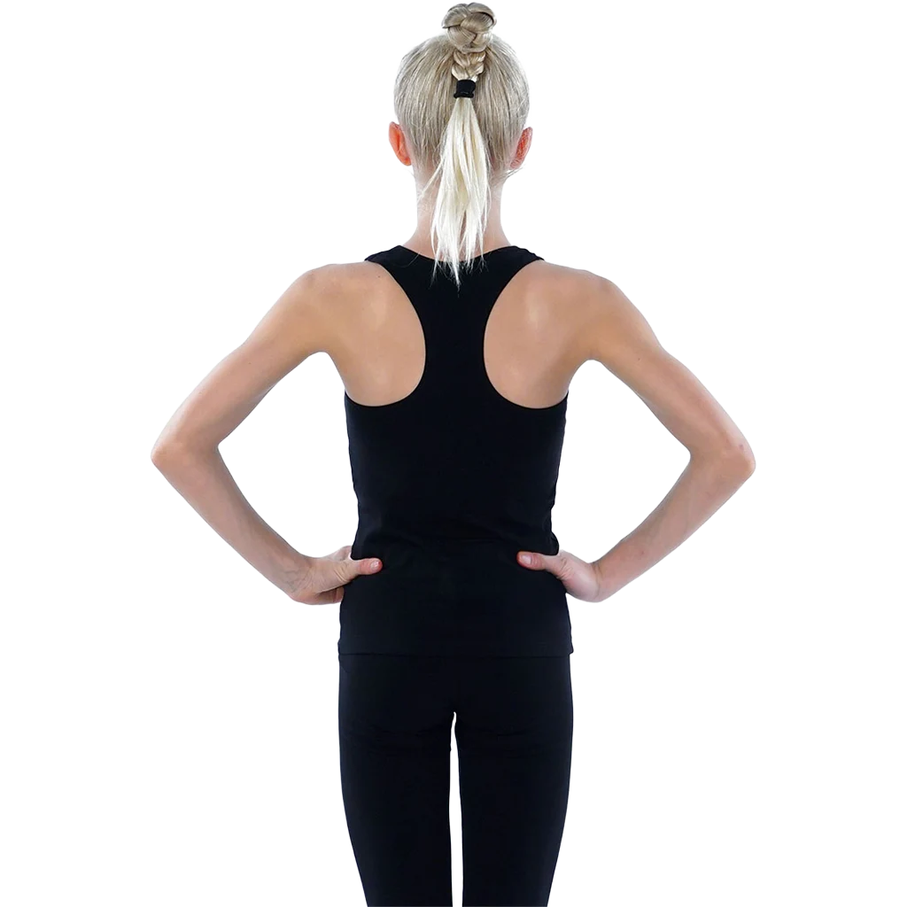 Juodi gimnastikos berankoviai marškinėliai su „racerback“ nugara ir užrašu GYMNAST, medvilnė su elastanu | Balespo Gymnastics Racerback Tank Top (Cotton and Elastane) | Черная гимнастическая майка без рукавов с спинкой "racerback", хлопок с эластаном | Lanksti.lt
