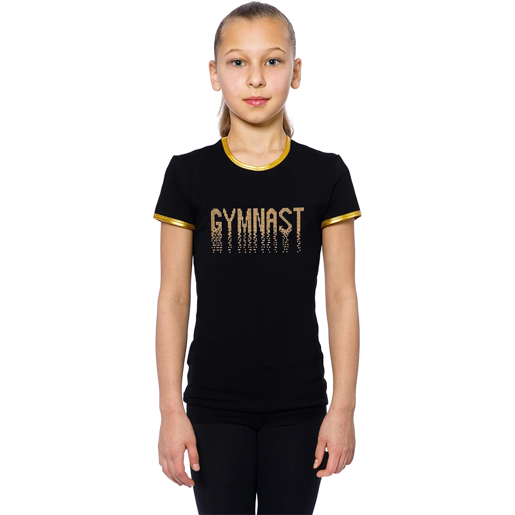 Juodi marškinėliai aukso spalvos kraštais ir užrašu GYMNAST, medvilnė su elastanu | Balespo Gymnastics Tight-Fitting T-Shirt With Gold Metal Crystals GYMNAST (Cotton and Elastane) | Черная гимнастическая обтягивающая футболка с золотистой отделкой и надписью GYMNAST, хлопок с эластаном | Lanksti.lt