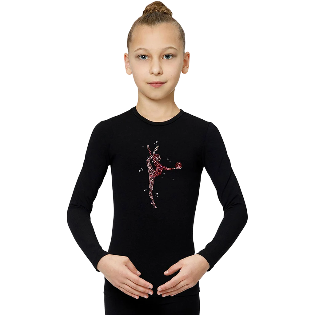Juodi medvilniniai marškinėliai ilgomis rankovėmis su gimnastės atvaizdu, puošti kristalais | Balespo Long Sleeve Top With Pink Crystals "Gymnast With Ball" | Черная хлопковая футболка с изображением гимнастки, украшенная кристаллами | Lanksti.lt