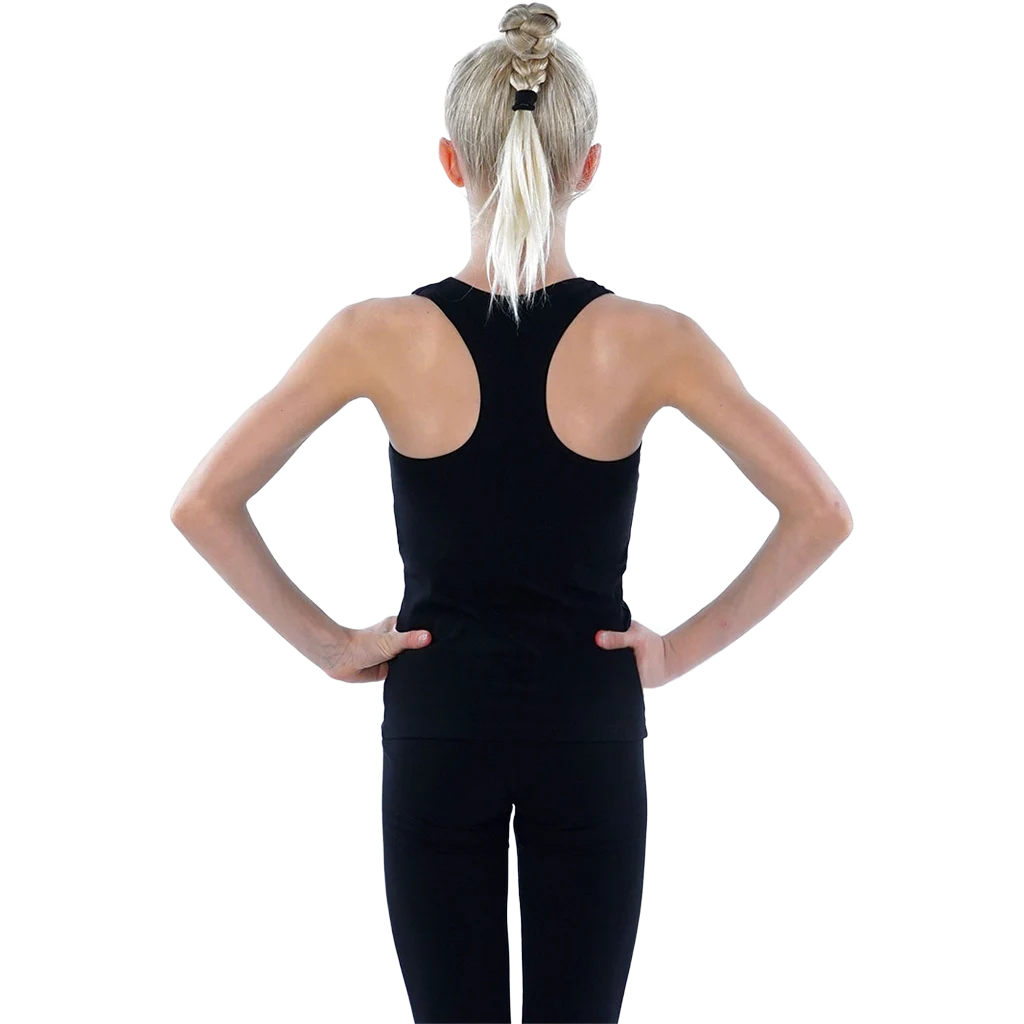 Juodi gimnastikos berankoviai marškinėliai su „racerback“ nugara, medvilnė su elastanu | Balespo Gymnastics Racerback Tank Top (Cotton and Elastane) | Черная гимнастическая майка без рукавов с спинкой "racerback", хлопок с эластаном | Lanksti.lt