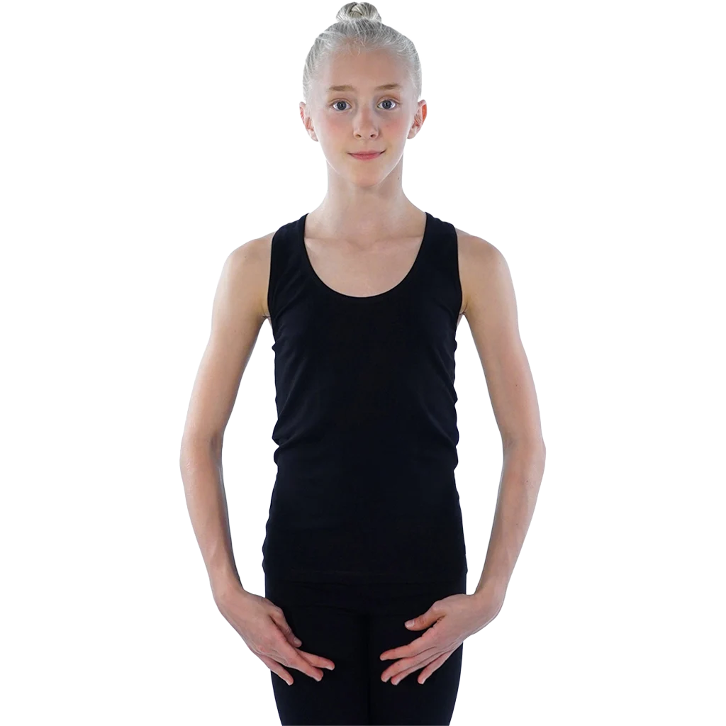 Juodi gimnastikos berankoviai marškinėliai su „racerback“ nugara ir užrašu GYMNAST, medvilnė su elastanu | Balespo Gymnastics Racerback Tank Top (Cotton and Elastane) | Черная гимнастическая майка без рукавов с спинкой "racerback", хлопок с эластаном | Lanksti.lt