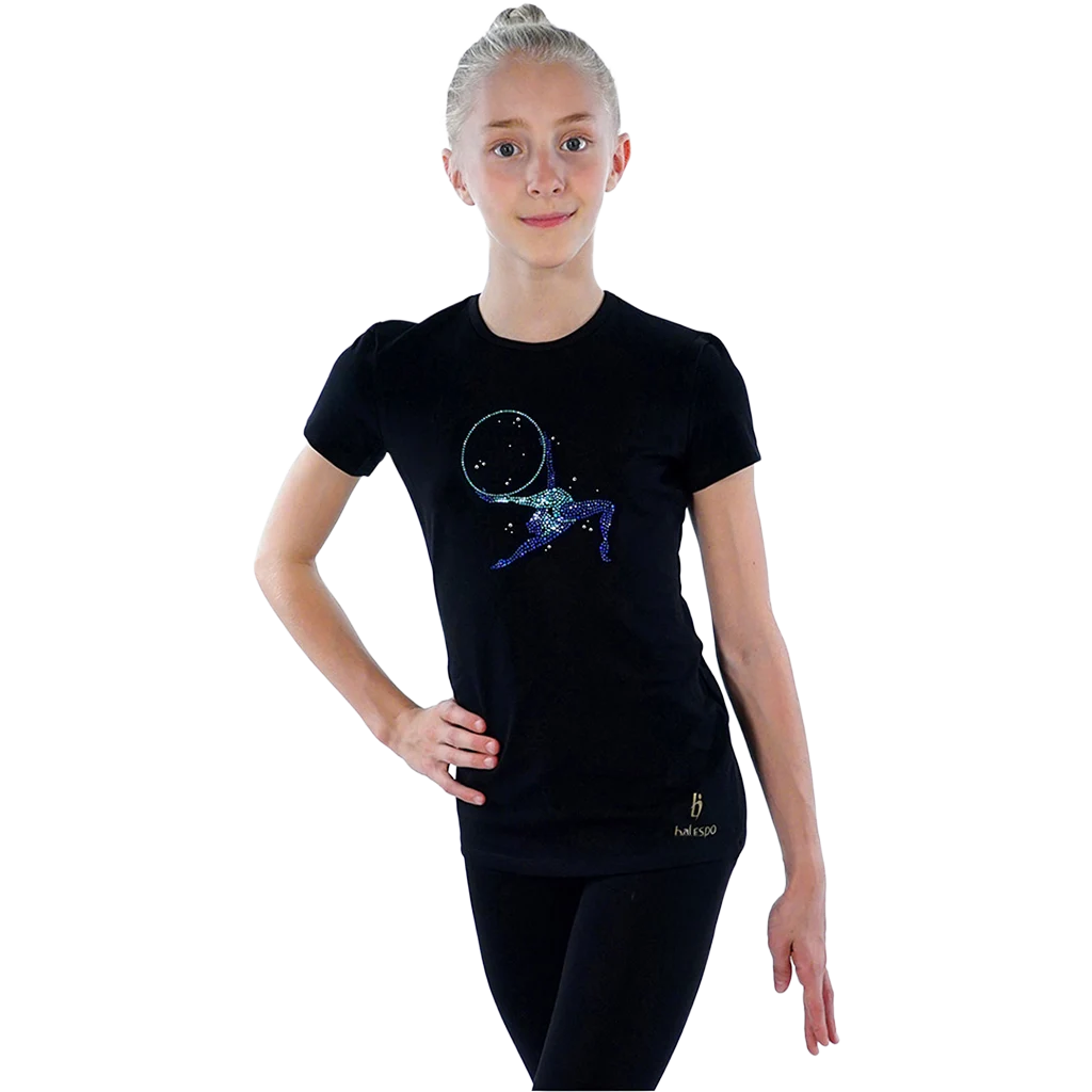 Juodi medvilniniai marškinėliai su gimnastės atvaizdu, puošti kristalais | Balespo T-Shirt With Blue Crystals "Gymnast With Ball" | Черная хлопковая футболка с изображением гимнастки, украшенная розовыми кристаллами "Гимнастка с мячом" | Lanksti.lt