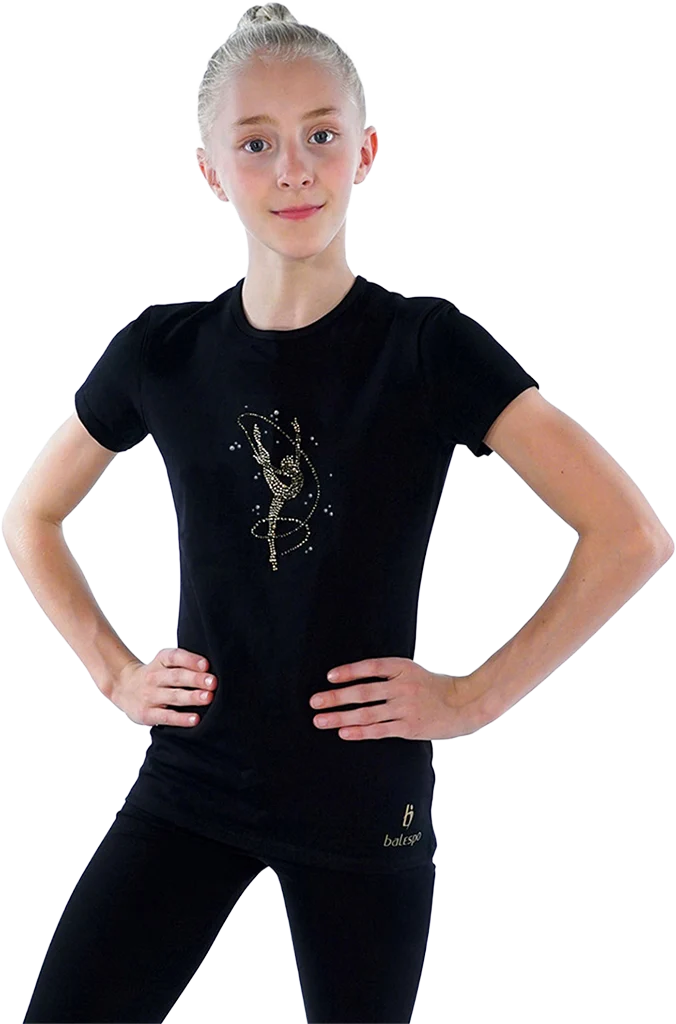 Juodi medvilniniai marškinėliai su gimnastės atvaizdu, puošti kristalais | Balespo T-Shirt With Gold Crystals "Gymnast With Ribbon" | Черная хлопковая футболка с изображением гимнастки, украшенная розовыми кристаллами "Гимнастка с мячом" | Lanksti.lt