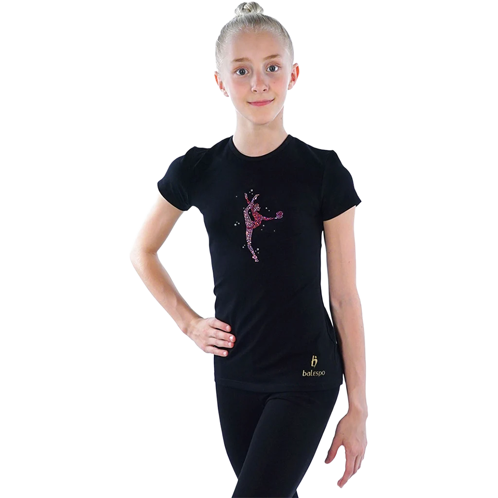 Juodi medvilniniai marškinėliai su gimnastės atvaizdu, puošti kristalais | Balespo T-Shirt With Pink Crystals "Gymnast With Ball" | Черная хлопковая футболка с изображением гимнастки, украшенная розовыми кристаллами "Гимнастка с мячом" | Lanksti.lt